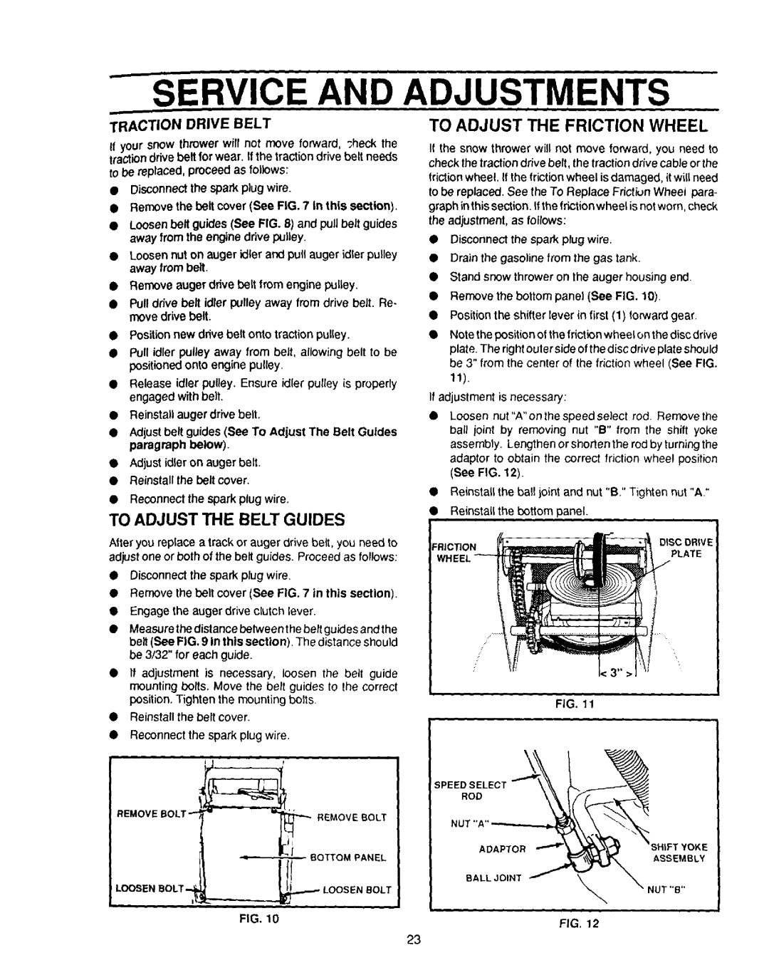 Sears 536.886331 owner manual Traction Drive Belt, To Adjust the Belt Guides, To Adjust the Friction Wheel 