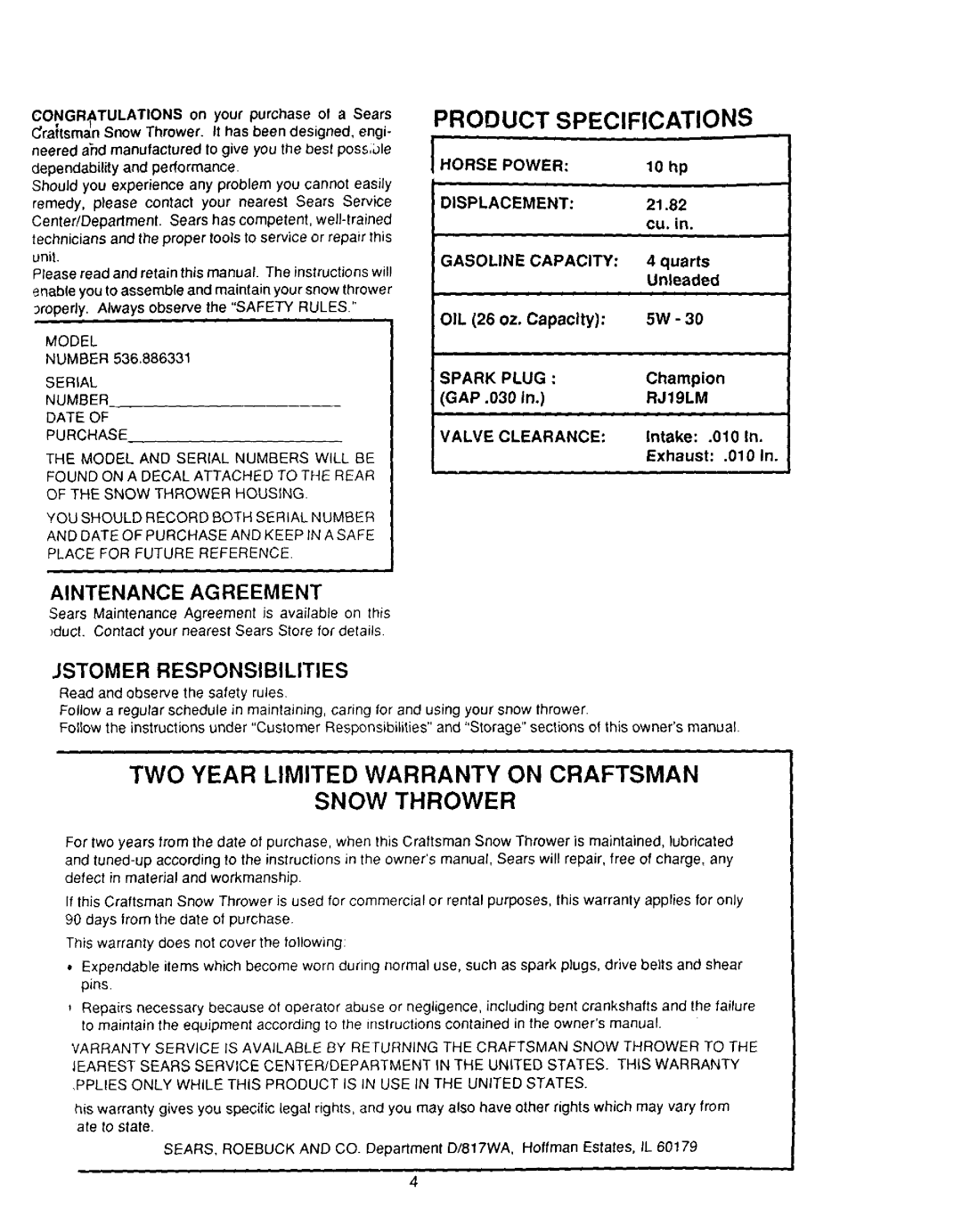 Sears 536.886331 owner manual Aintenance Agreement, Jstomer Responsibilities, Spark Plug 