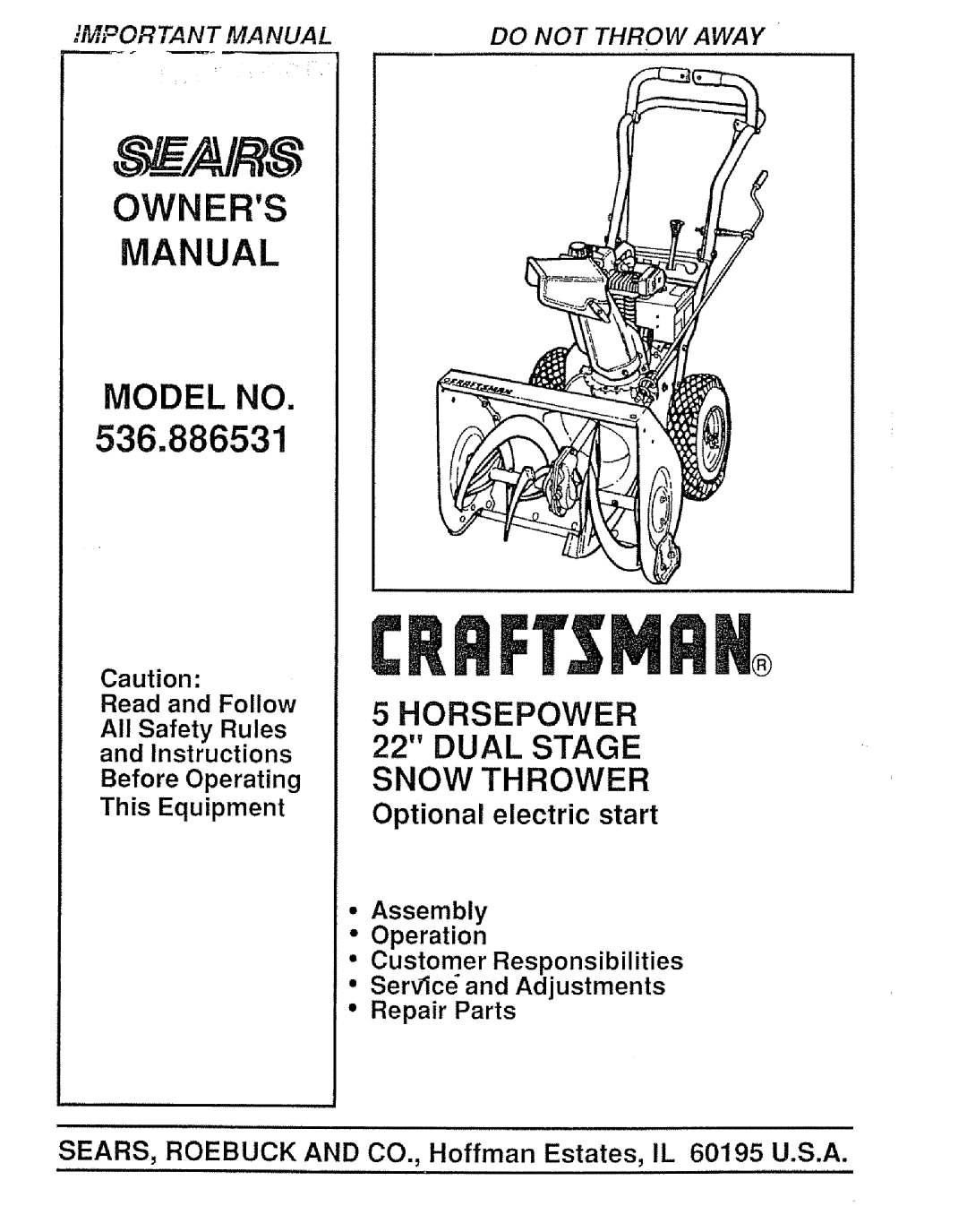 Sears 536.886531 owner manual Manual 