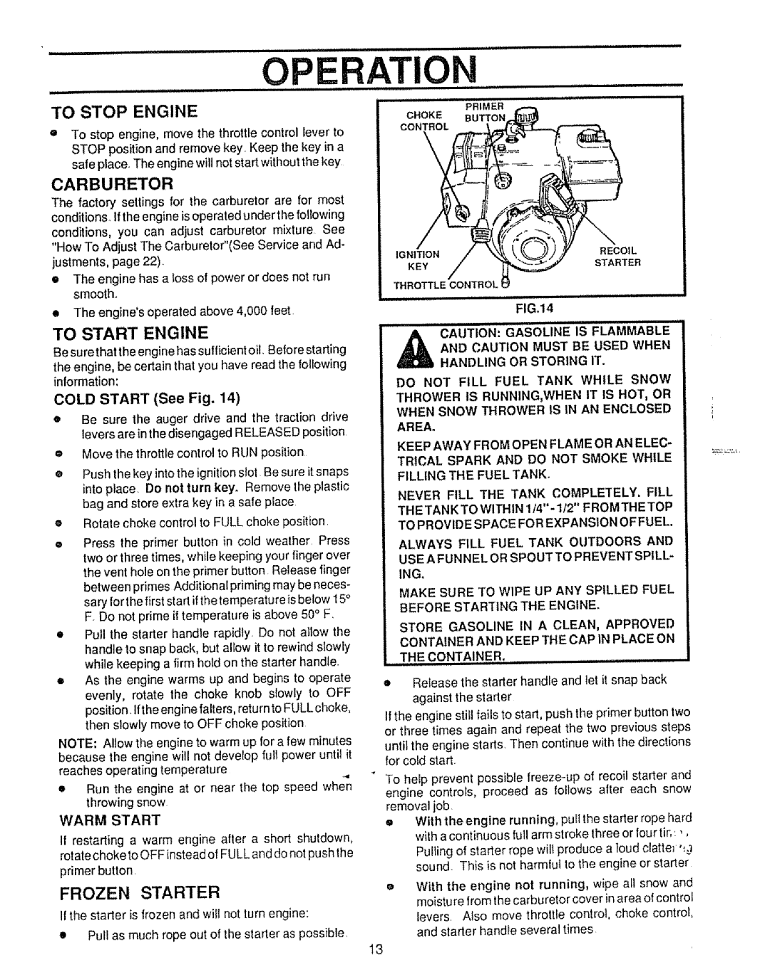 Sears 536.886531 owner manual To Start Engine, Frozen Starter, Carburetor, Warm Start 