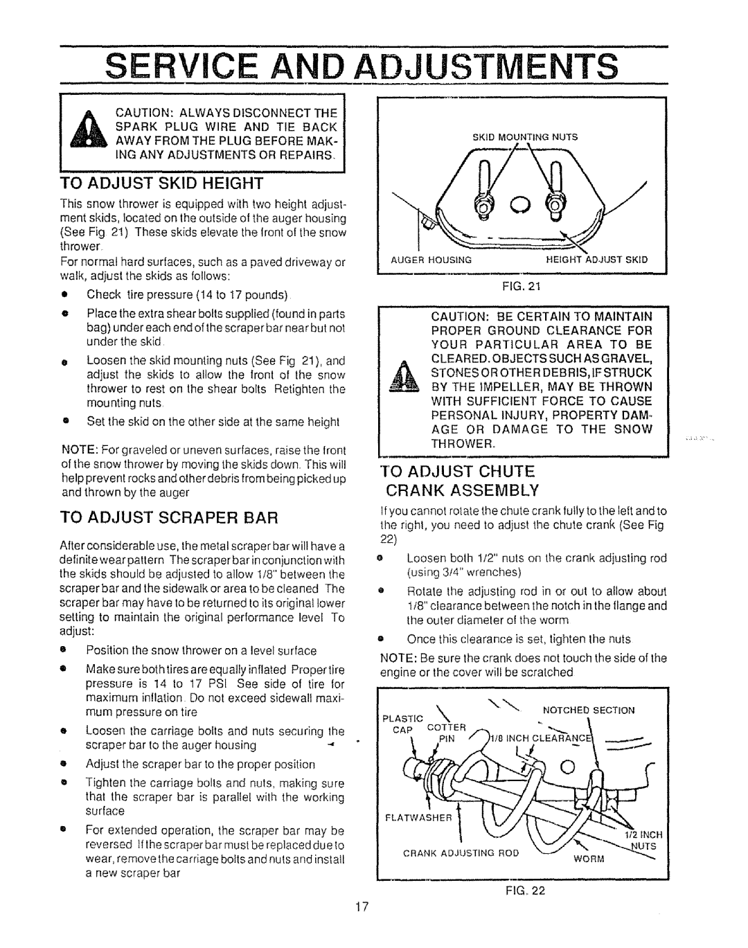 Sears 536.886531 owner manual To Adjust Scraper BAR, To Adjust Chute Crank Assembly, Plastic 