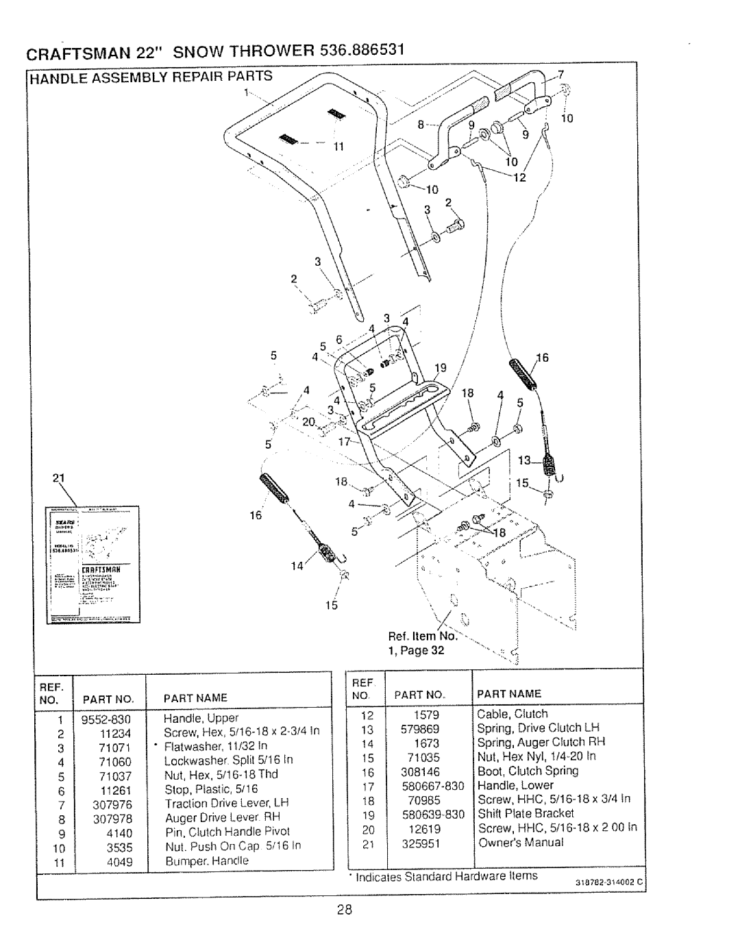 Sears 536.886531 owner manual Craftsman 22 Snow Thrower, Handle Assembly Repair Parts 