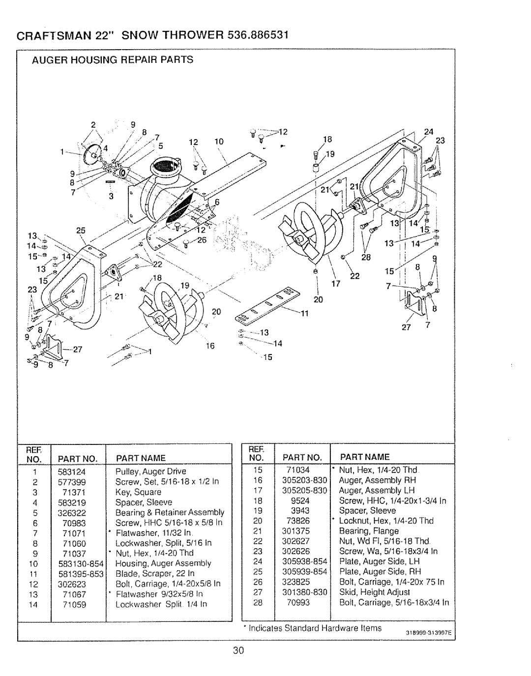 Sears 536.886531 owner manual Auger Housing Repair Parts, REE Part Name 