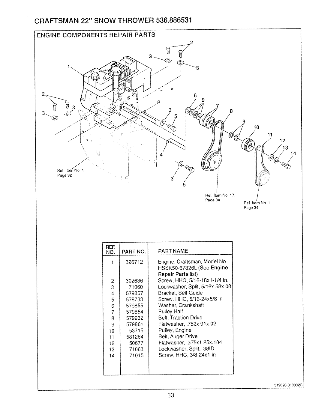 Sears 536.886531 owner manual Engine Components Repair Parts, REE Part Name 