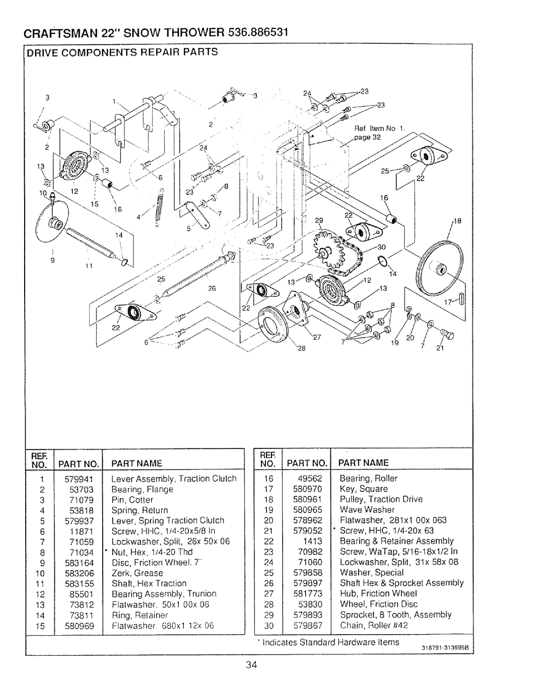 Sears 536.886531 owner manual Drive Components Repair Parts NO. Part NO. Part Name, Ree 