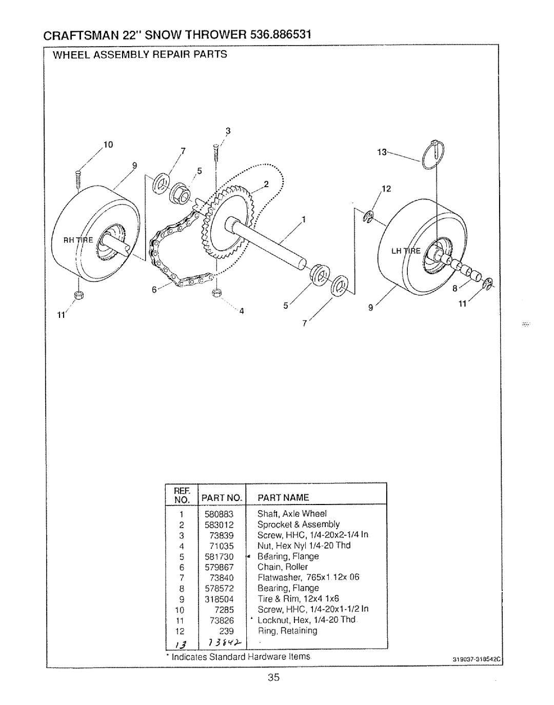 Sears 536.886531 owner manual Wheel Assembly Repair Parts, Ree 