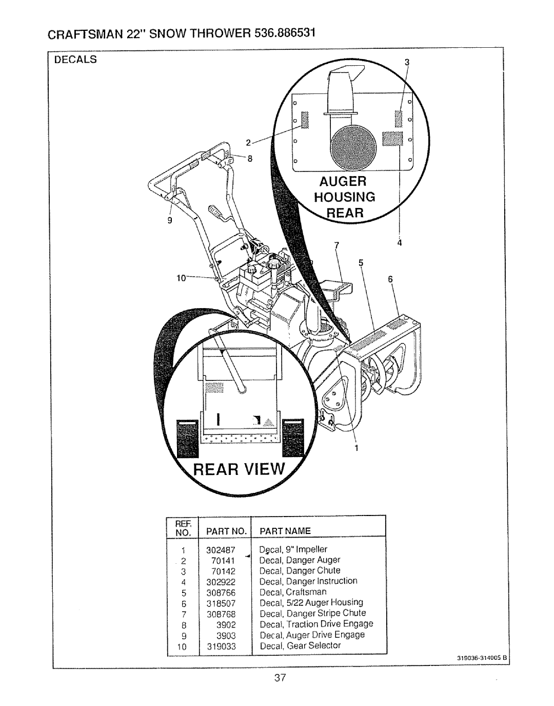 Sears 536.886531 owner manual Auger Housing, Decals 