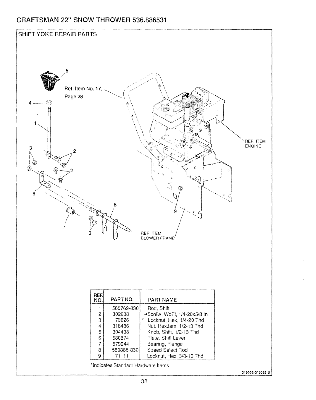 Sears 536.886531 owner manual Shift Yoke Repair Parts, REE NO. Part no Part Name 