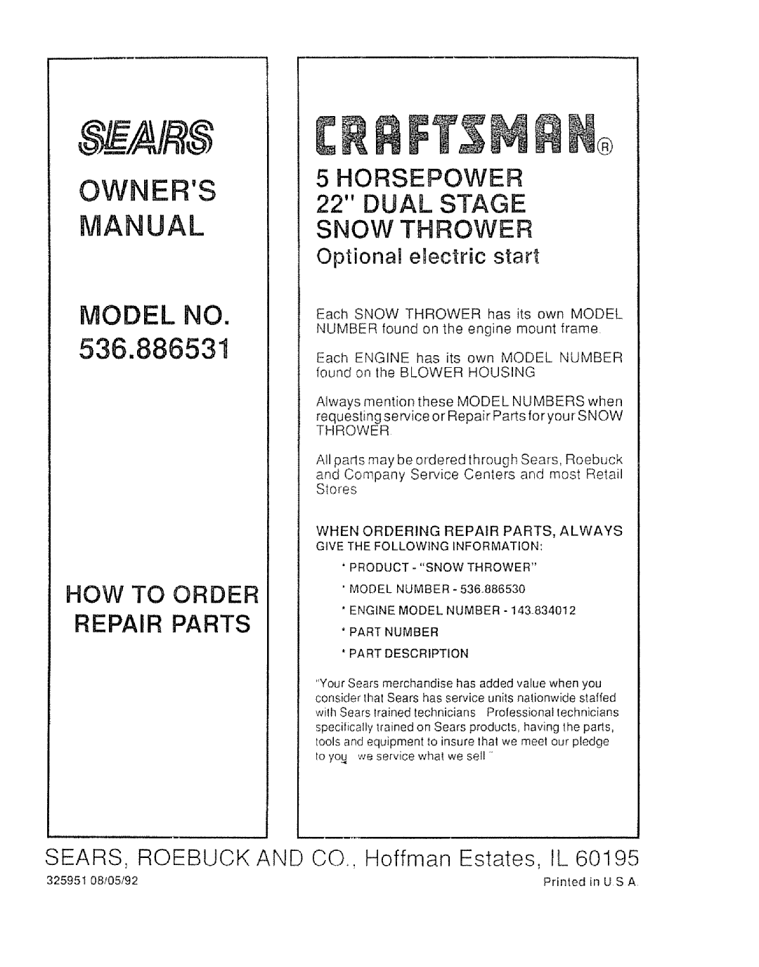 Sears 536.886531 owner manual Owners Anual, Part Number Part Description 