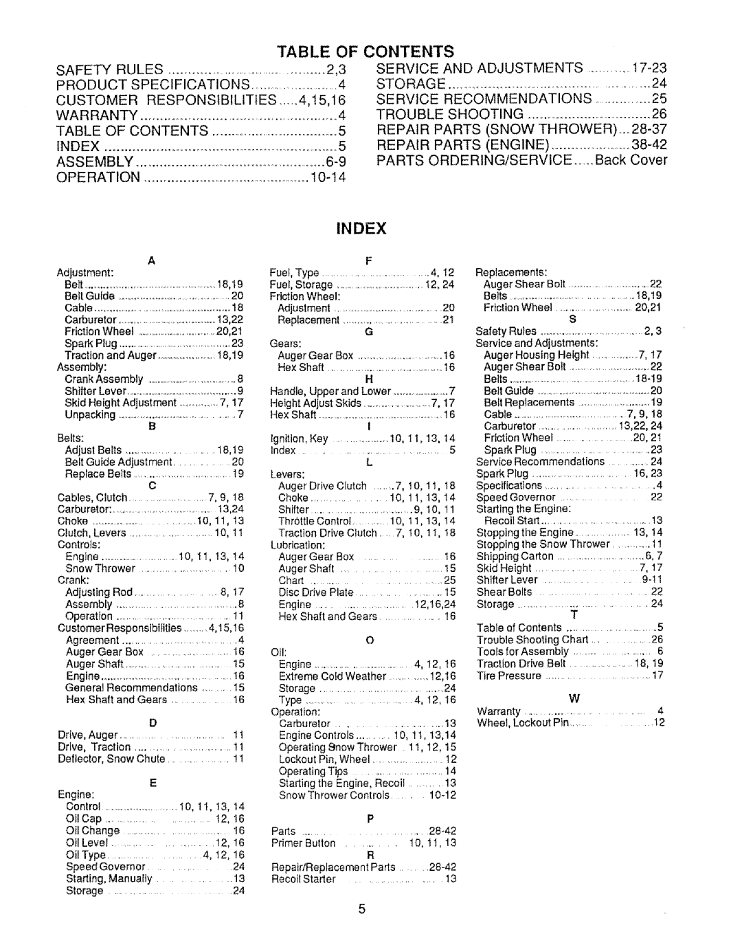 Sears 536.886531 owner manual Table of Contents, Index 