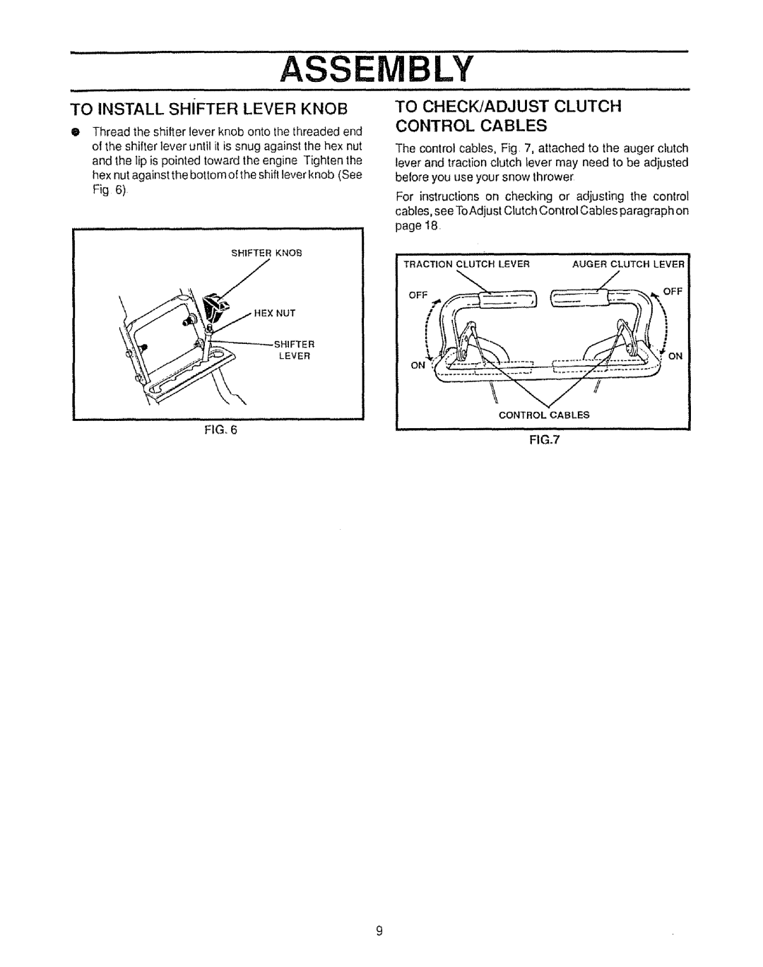 Sears 536.886531 owner manual To Install Shifter Lever Knob, To Checkjadjust Clutch Control Cables 