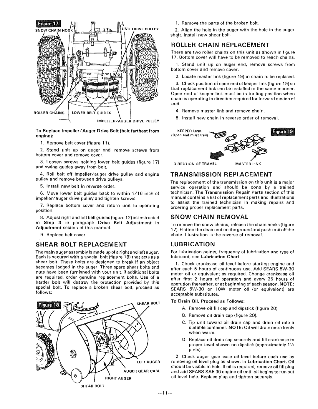 Sears 536.9183 Snow Chain Removal, Lubrication, Shear Bolt Replacement, Roller Chain Replacement, Transmission Replacement 