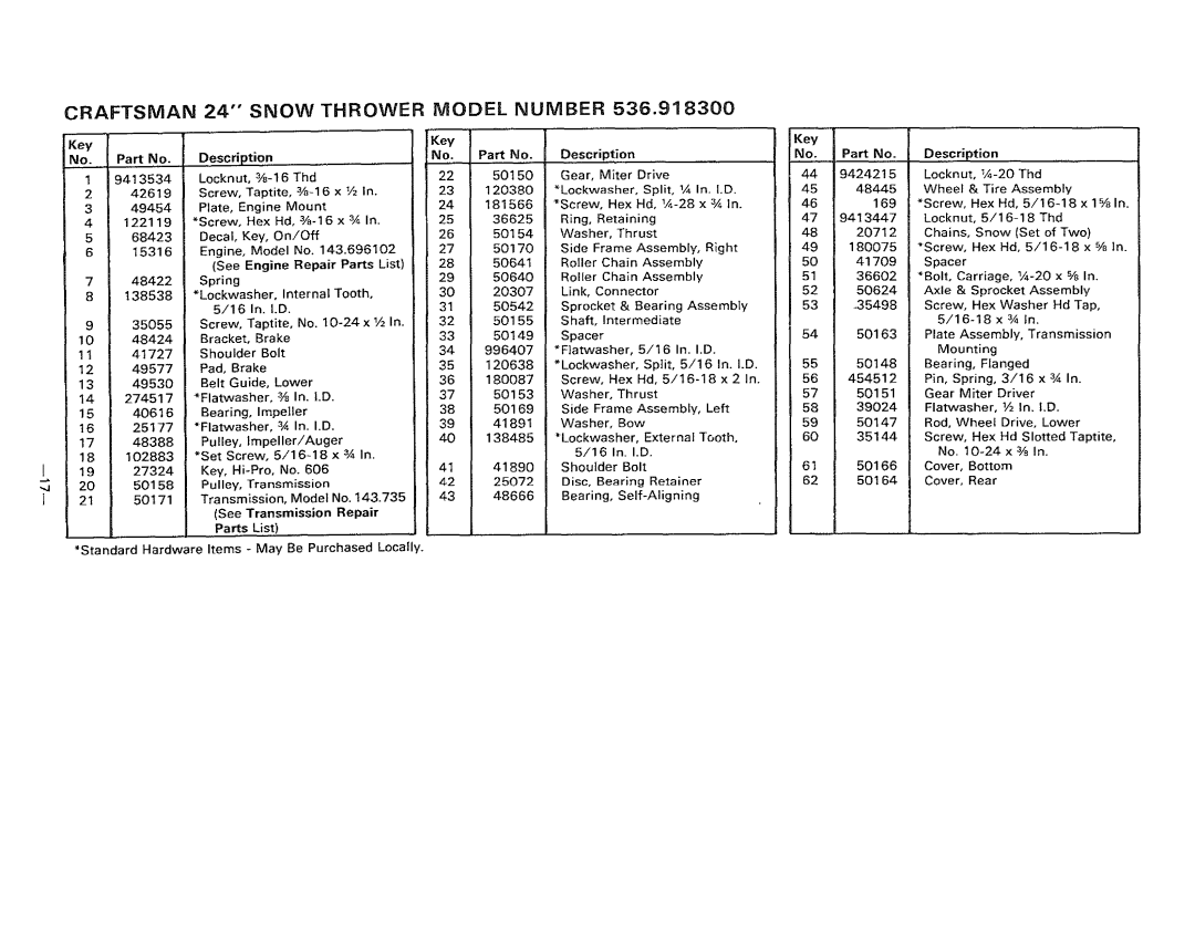 Sears 536.9183 owner manual No. Pa No 9413534, 42619 49454 122119 68423 15316 48422 138538 35055 18 1O2883, Key 