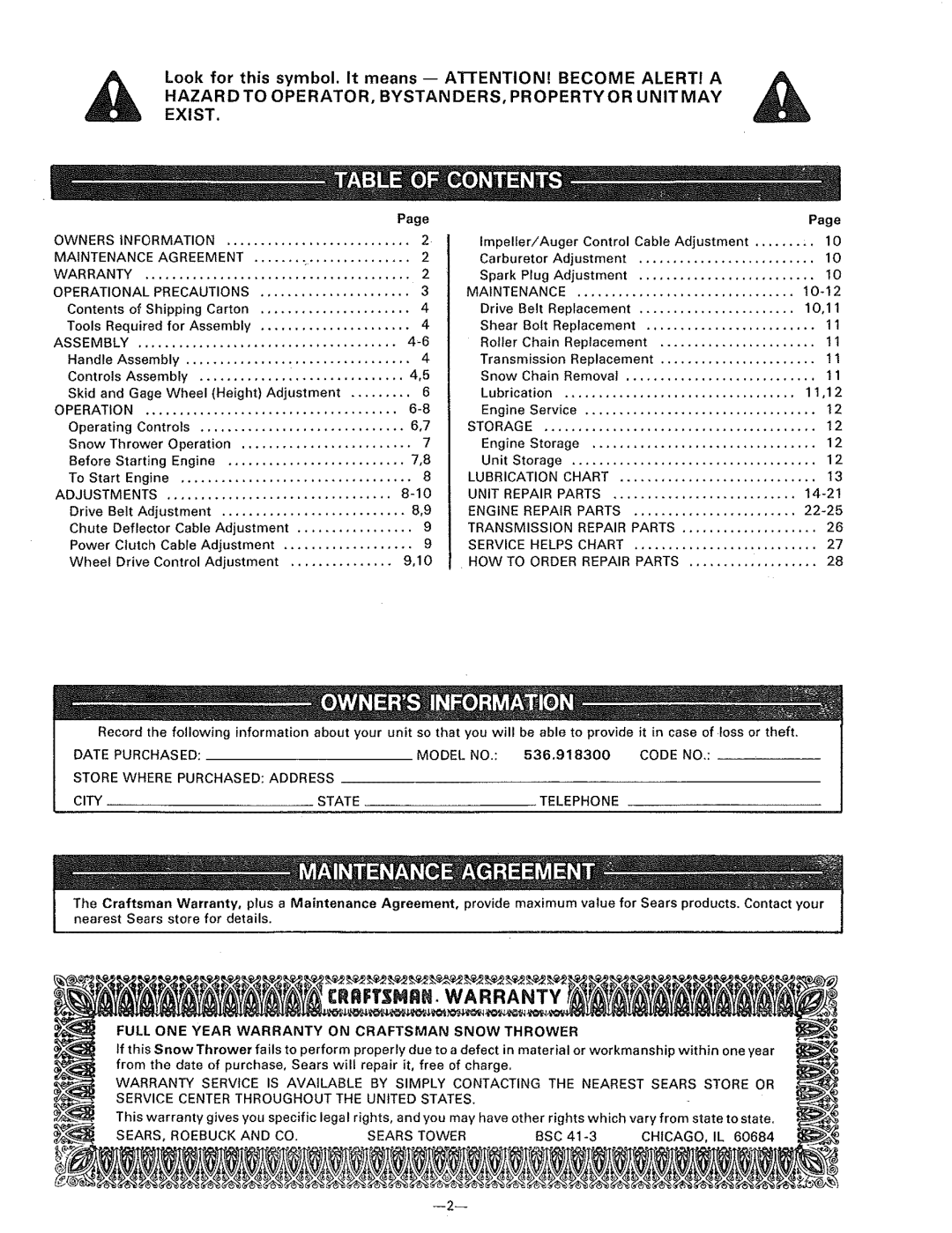 Sears 536.9183 Impeller/Auger Control Cable Adjustment, Carburetor Adjustment, Spark Plug Adjustment, 10-!2, 14-2, 22-25 