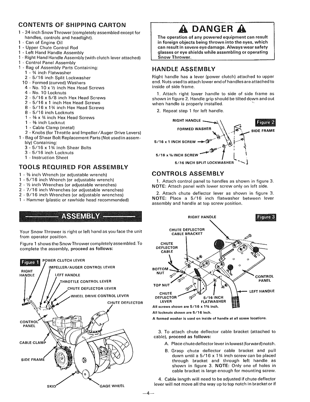 Sears 536.9183 owner manual Contents of Shipping Carton, Tools Required for Assembly, Handle Assembly, Controls Assembly 