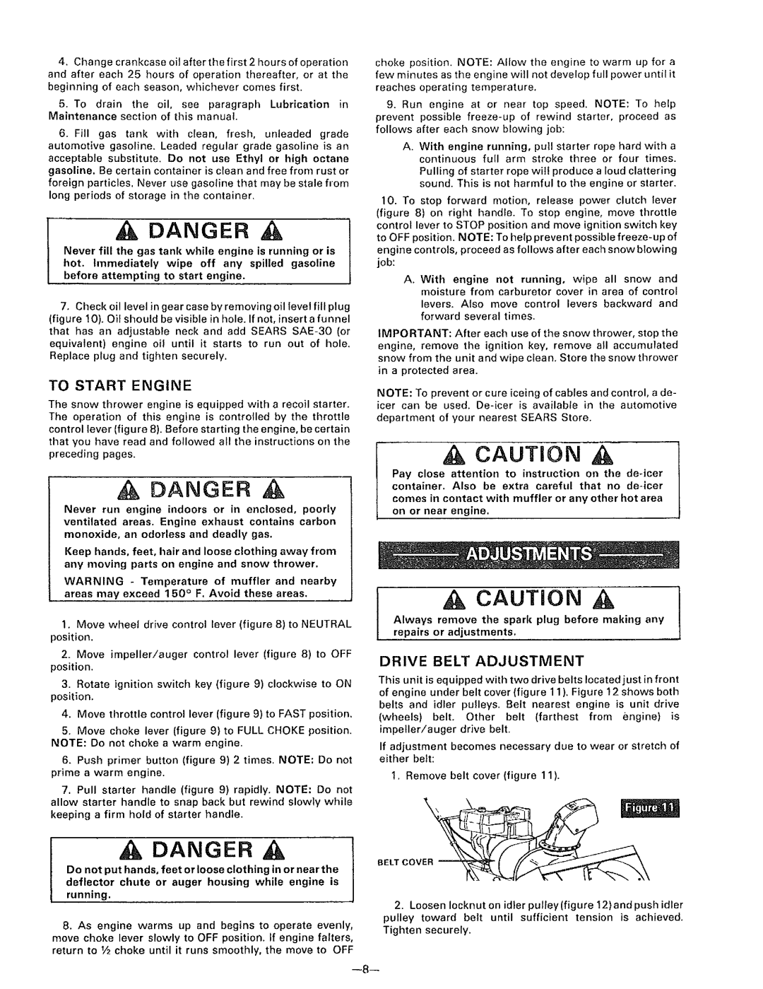 Sears 536.9183 owner manual To Start Engine, Remove belt cover figure, Running 