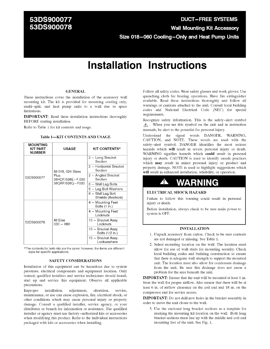 Sears 53DS900078 installation instructions Installation Instructions, Mounting, Kit Part, Usage, Kit Contents, Number 
