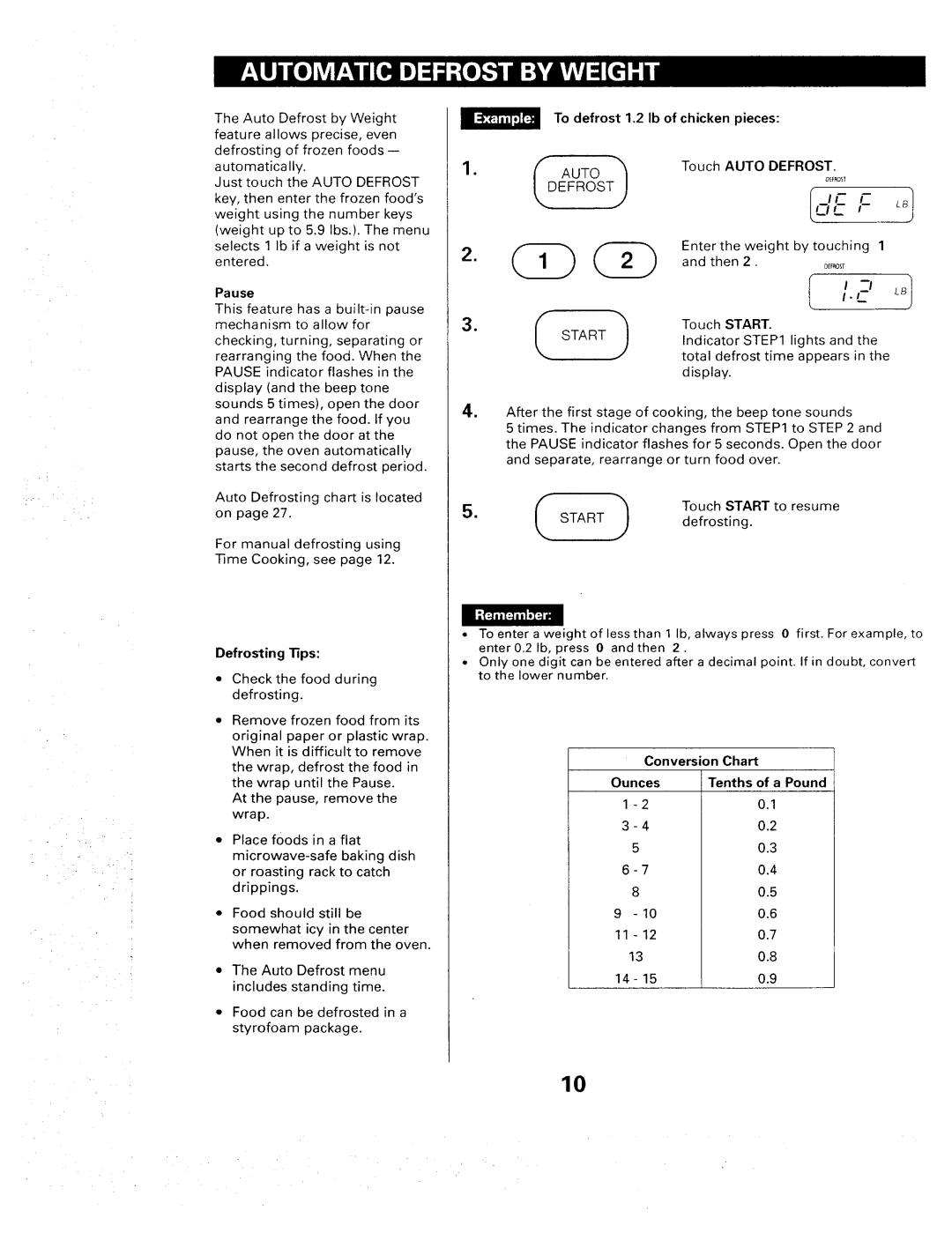 Sears 565. 66480 Pause, Defrosting Tips, To defrost 1,2 Ib of chicken pieces, Touch Auto Defrost, Chart, Tenths of a Pound 