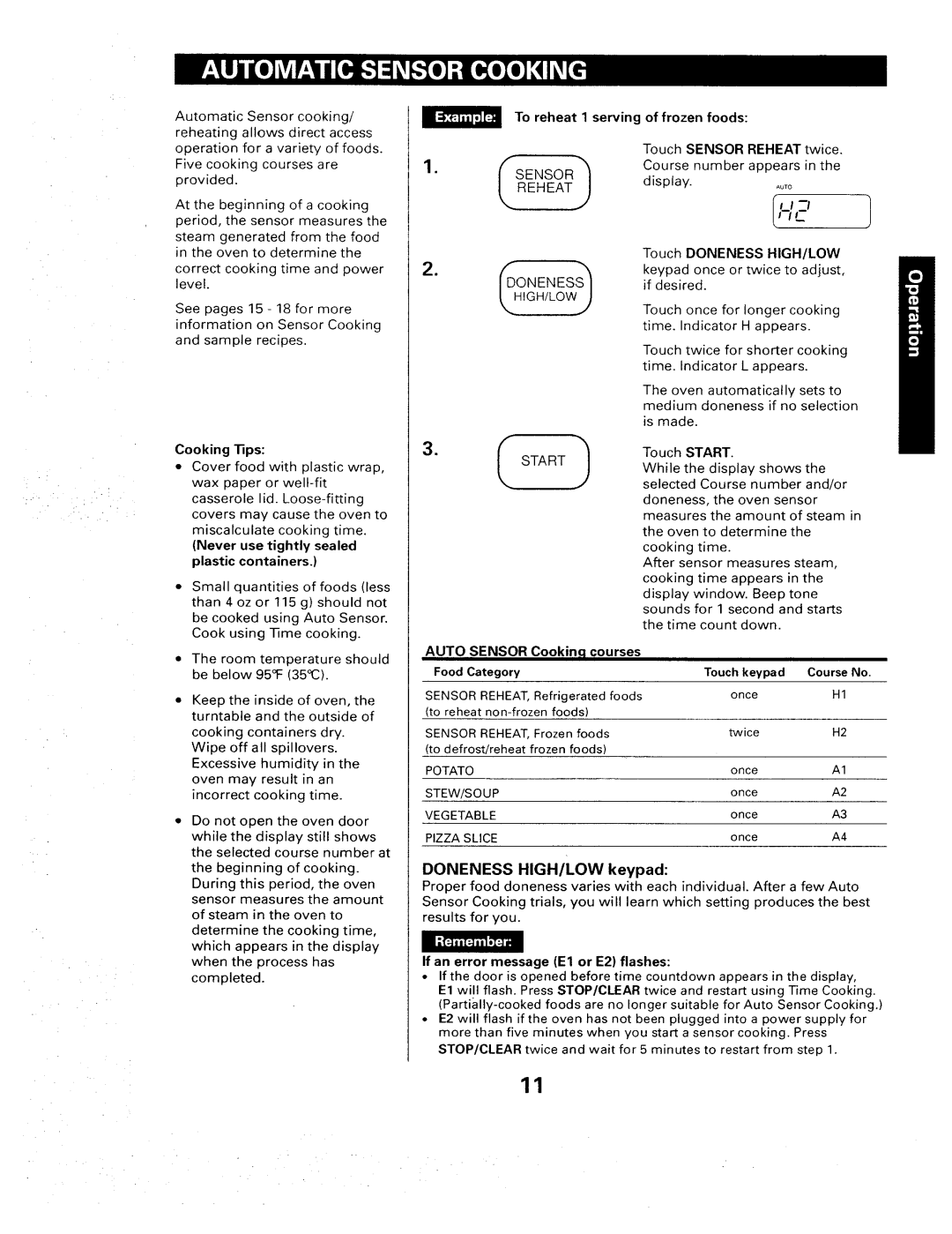 Sears 565. 66480 To reheat 1 serving of frozen foods, Never Use tightly Sealed Plastic, Touch Doneness HIGH/LOW 