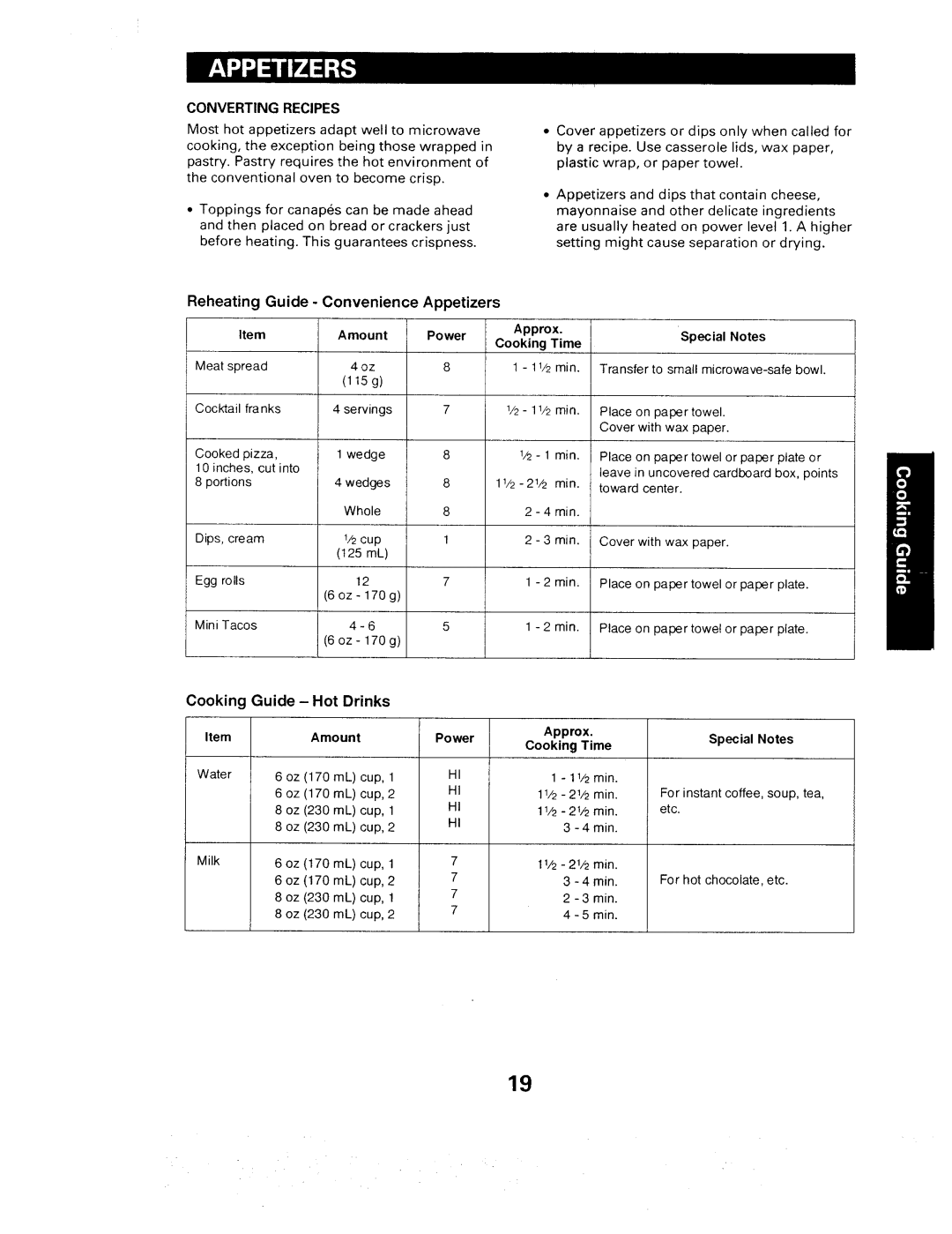 Sears 565. 66480 owner manual Reheating Guide Convenience Appetizers, Cooking Guide Hot Drinks, Etc, Milk 