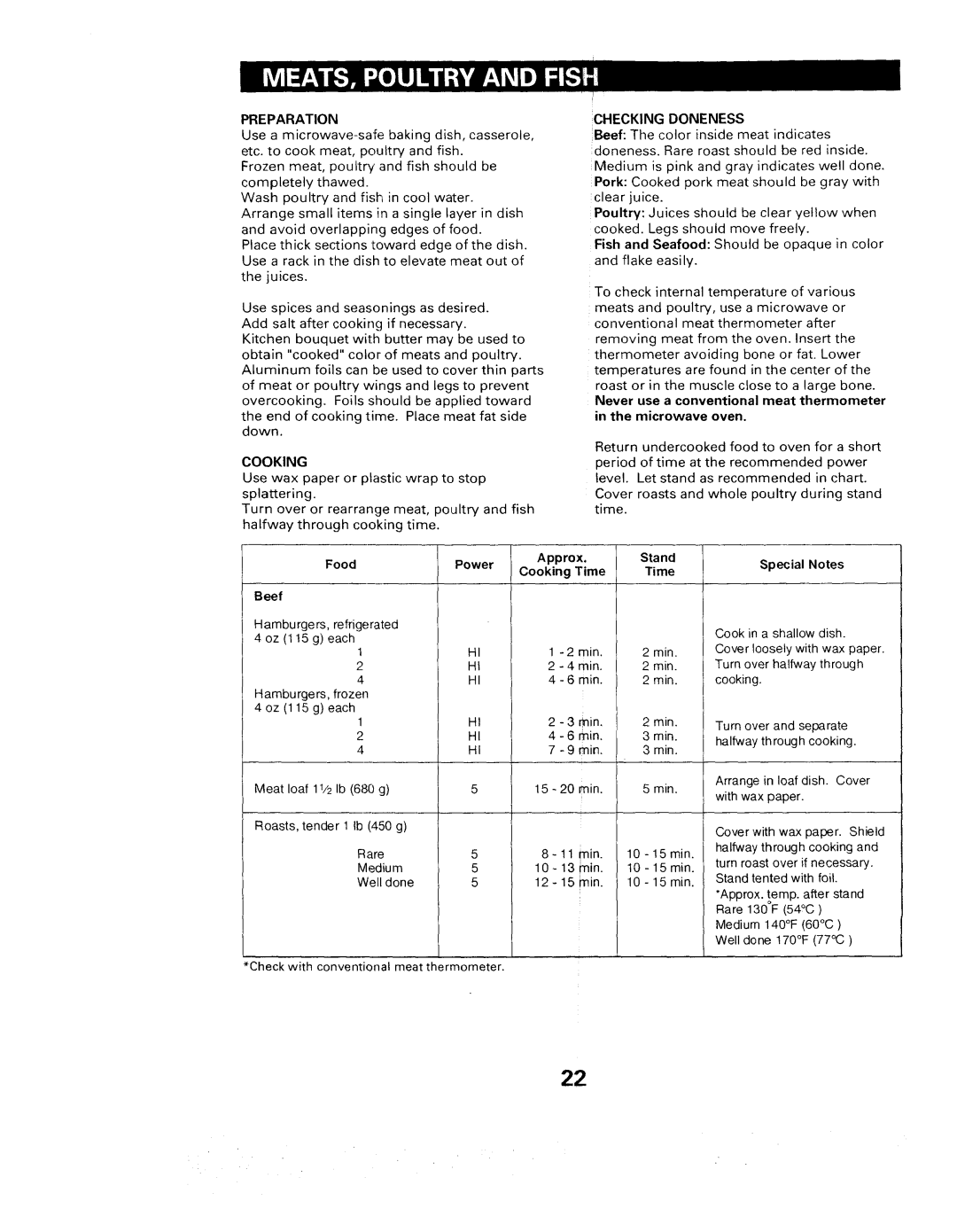 Sears 565. 66480 owner manual Preparation, Checking Doneness 