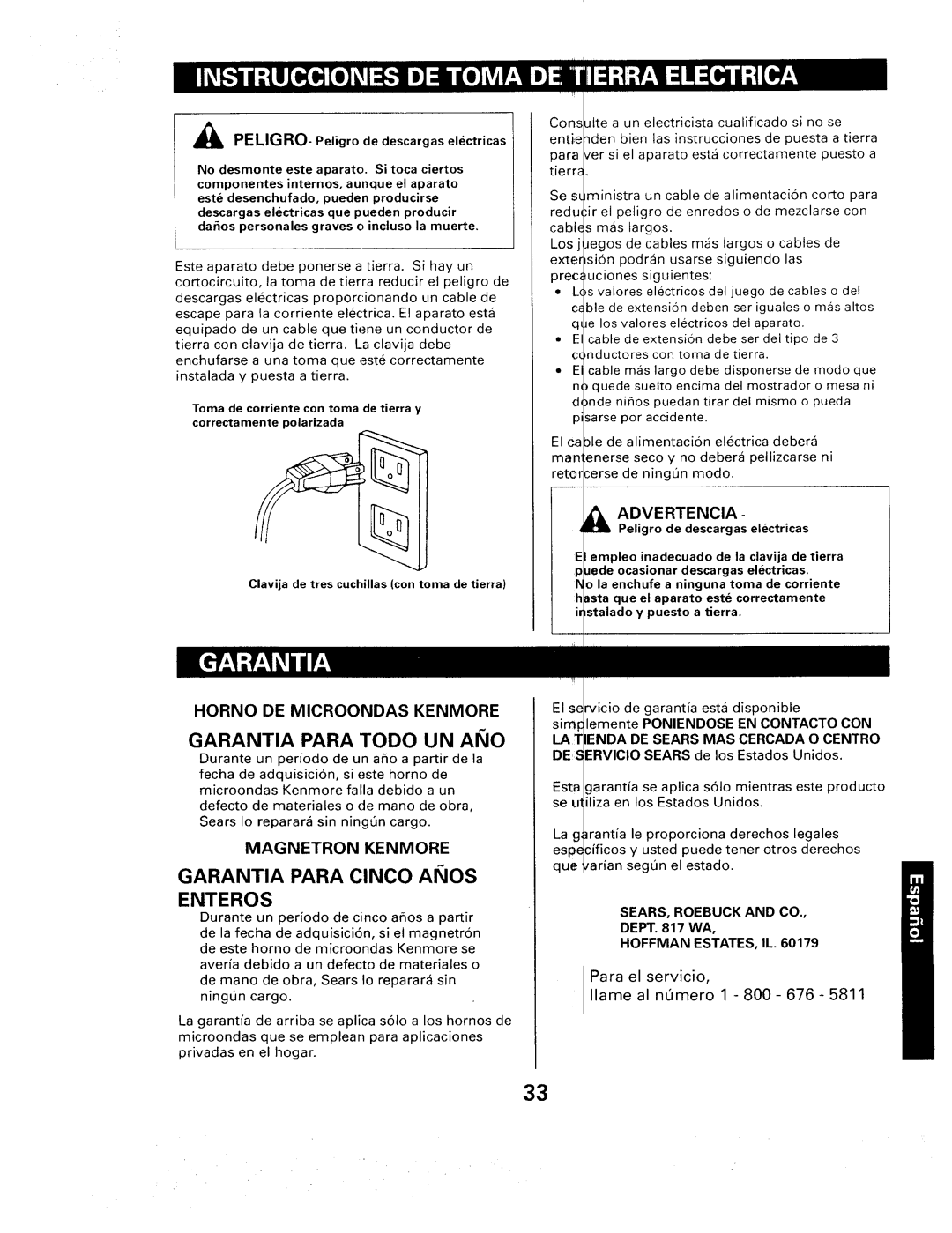 Sears 565. 66480 owner manual Para el servicio Ilame al nQmero 1 800- 676, Peligro de descargas electricas 