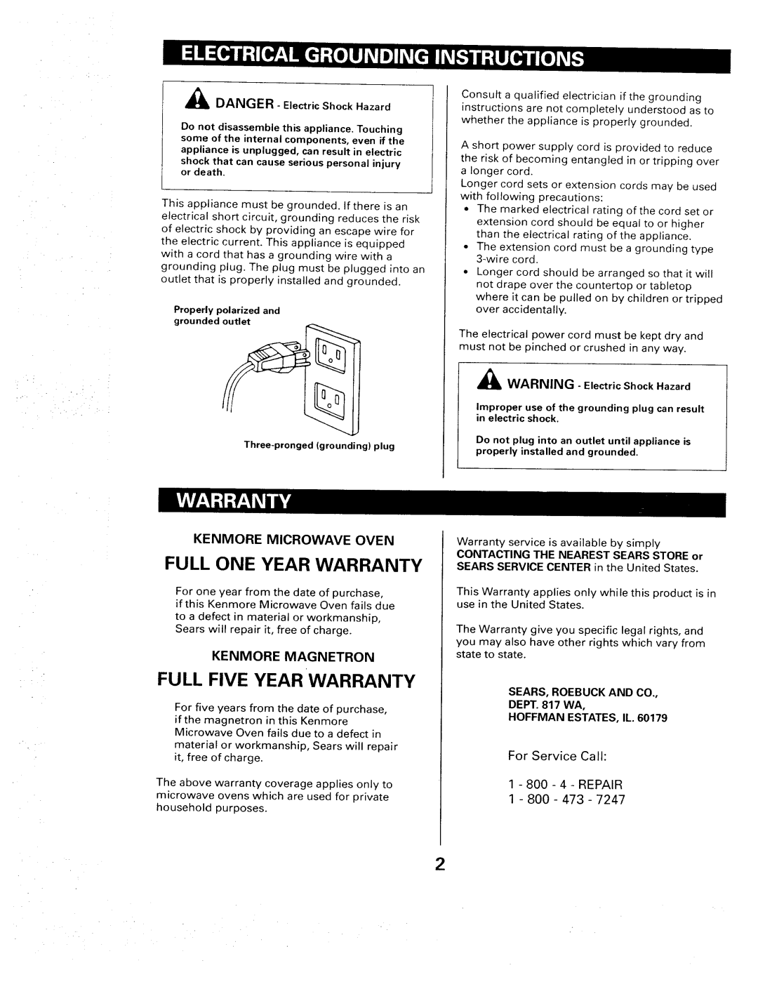 Sears 565. 66480 owner manual For Service Call 800 4 Repair 800 473, SEARS, Roebuck and CO, Dept WA, Hoffman ESTATES, IL 