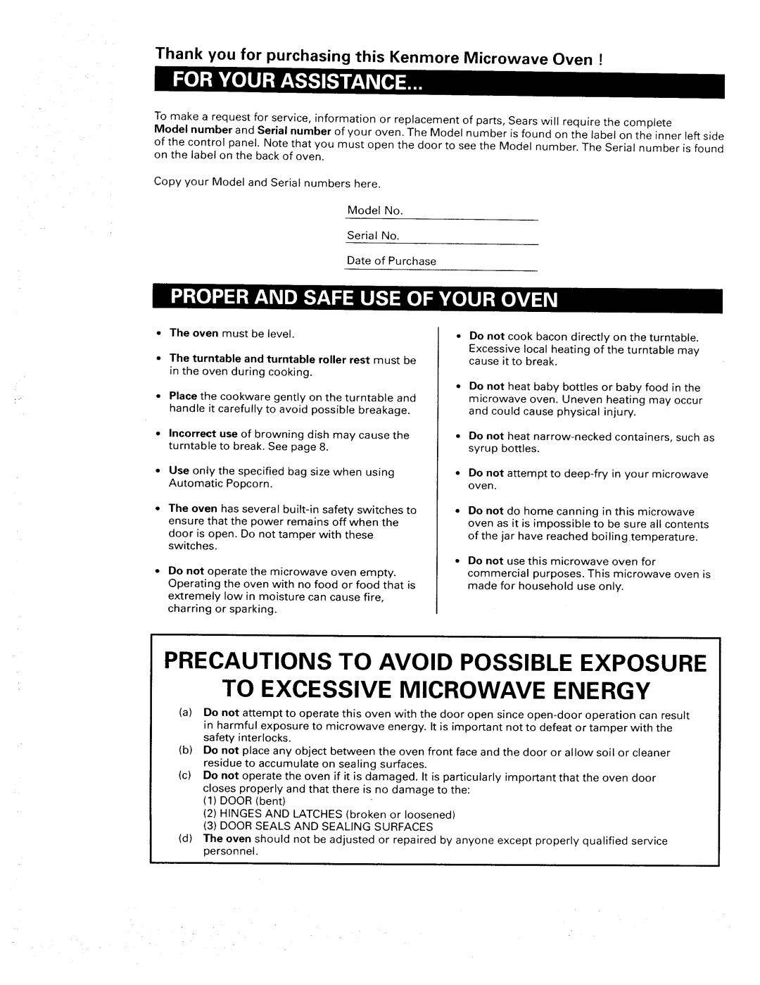 Sears 565. 66480 owner manual To Excessive Microwave Energy, Precautions To Avoid Possible Exposure 