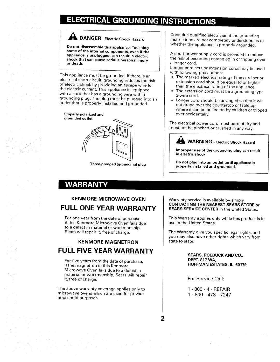 Sears 565. 66480 Full One Year Warranty, Full Five Year Warranty, Kenmore Microwave Oven, Kenmore Magnetron, 1 - 800 - 473 