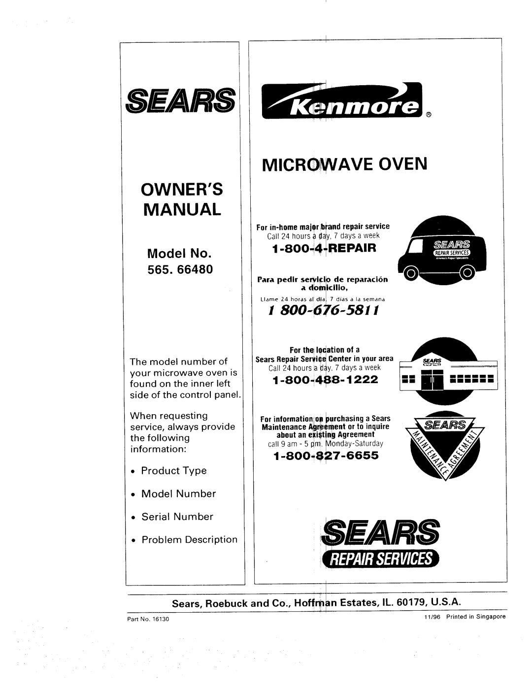 Sears 565. 66480 Microwave Oven Owners Manual, Model No 565.66480, Sears, i800-676-5811, 1-80044+REPAIR, •Model Number 