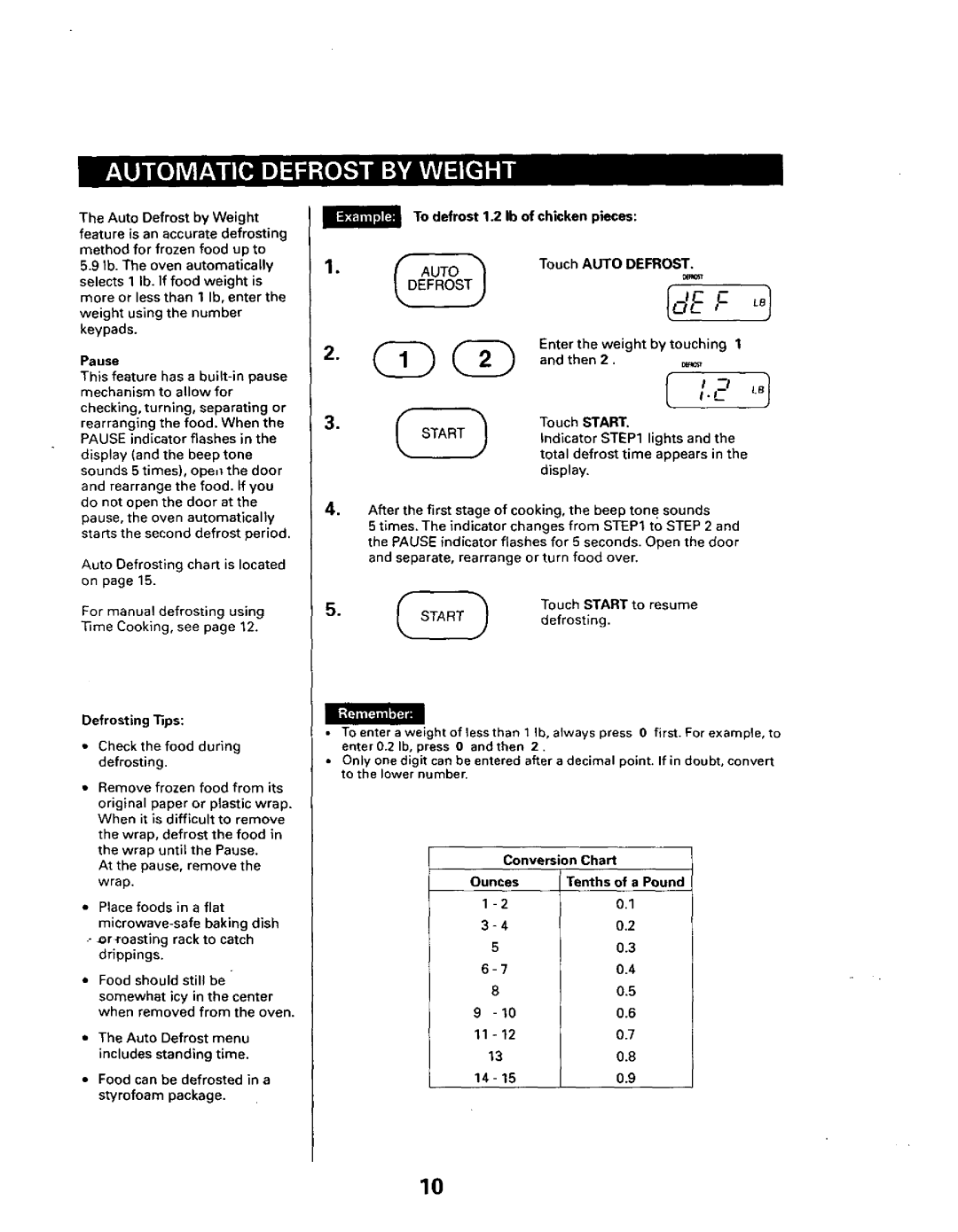 Sears 565.66101 owner manual Pause, Defrosting ps, After the first stage of cooking, the beep tone sounds 