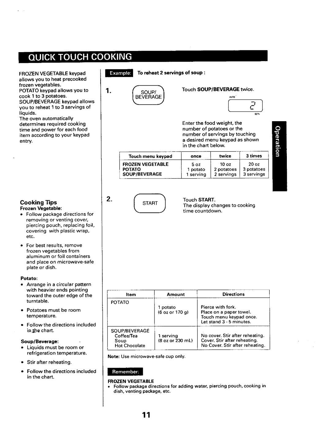 Sears 565.66101 owner manual Start, Frozen Vegetable 