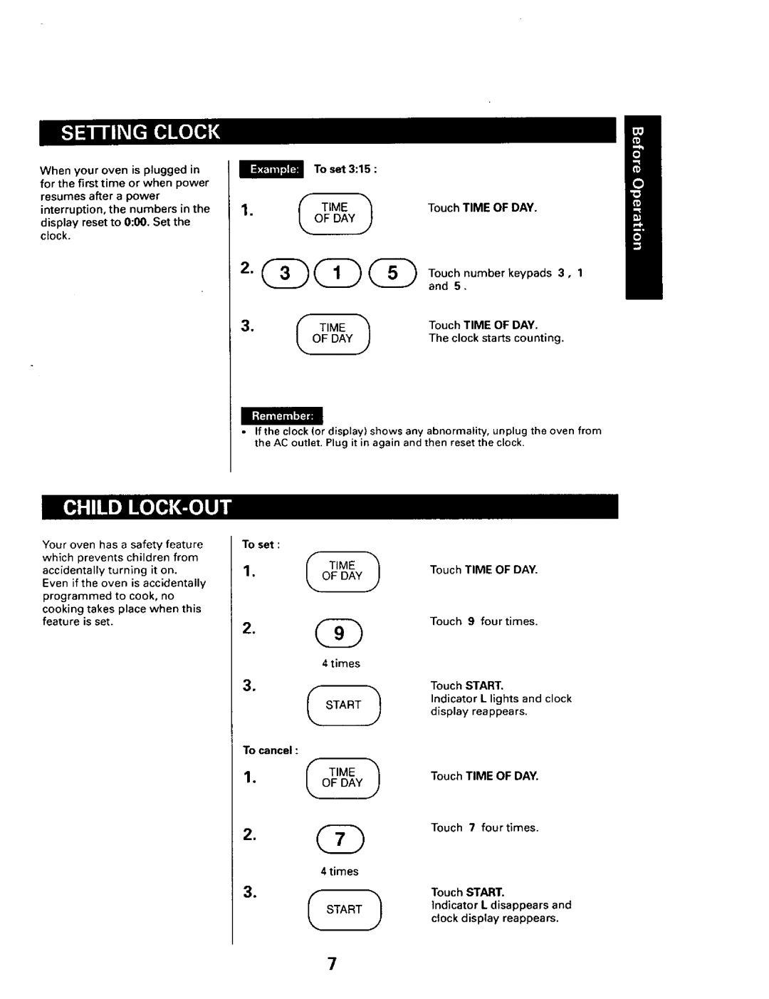 Sears 565.66101 owner manual To set, Touch Time of DAY, Clock starts counting, Times, To cancel 