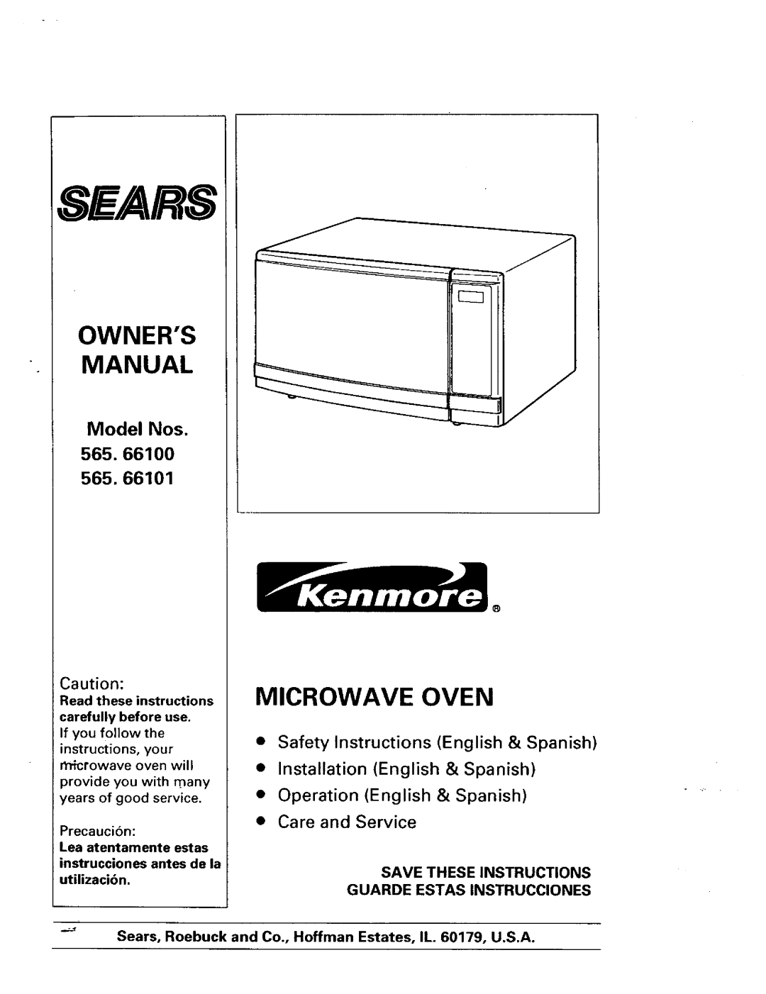 Sears 565.66101 owner manual Model Nos 565.66100, Safety Instructions English & Spanish, •Installation English & Spanish 