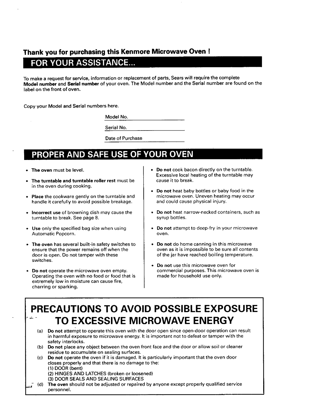 Sears 565.66101 owner manual Precautions To Avoid Possible Exposure, To Excessive Microwave Energy 