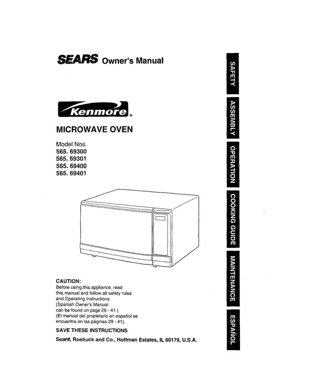 Sears 565.69301, 565.694 owner manual Microwave Oven, SearS, Roebuck and Co., Hoffman Estates, IL 60179, U.S.A 