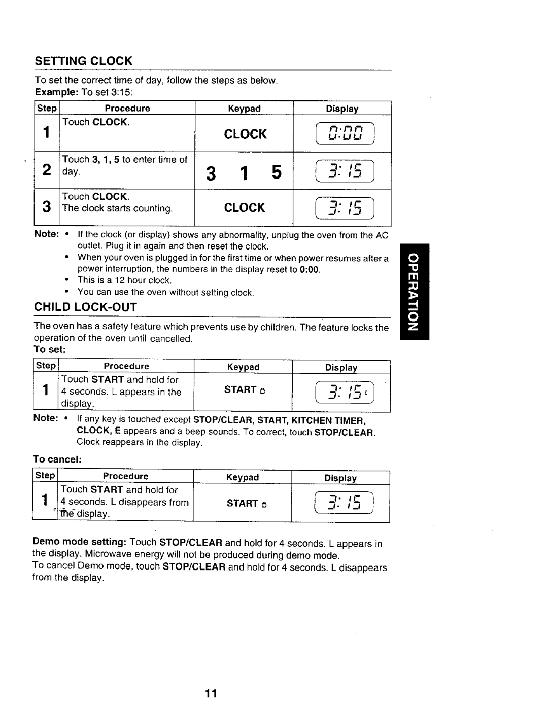 Sears 565.69401, 565.69301 owner manual Setting Clock, Start 