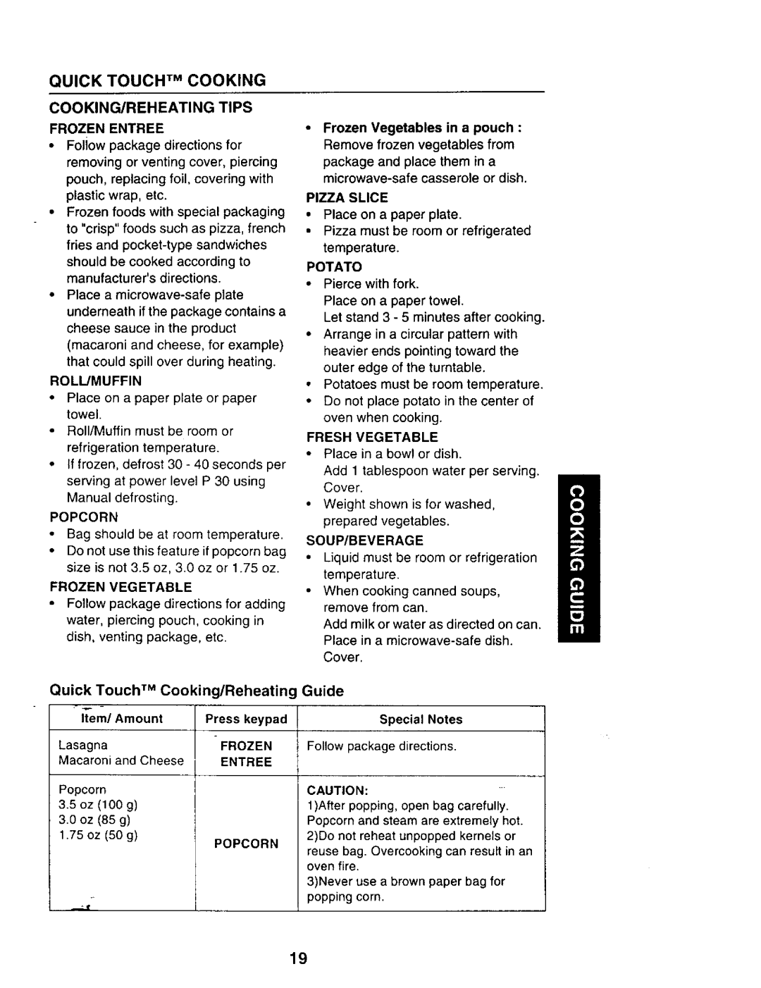 Sears 565.69401 Quick Toucw M Cooking, Quick Touch TM Cooking/Reheating Iem/AmountPress keypad, Guide Special Notes 