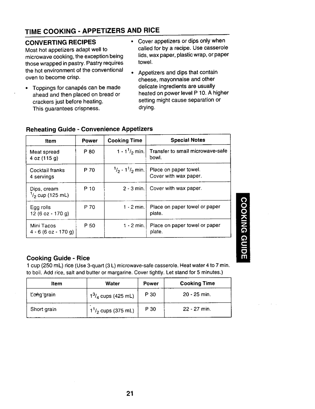 Sears 565.69301, 565.694 Time Cooking Appetizers, Rice, Reheating Guide Convenience Appetizers, Converting Recipes 