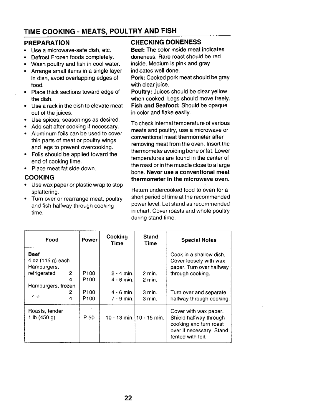 Sears 565.69301, 565.69401 owner manual Time Cooking MEATS, Poultry and Fish, Preparation, Checking Doneness 