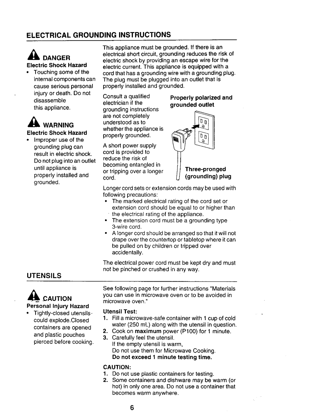 Sears 565.69301, 565.69401 owner manual Utensils, Three-pronged grounding plug 