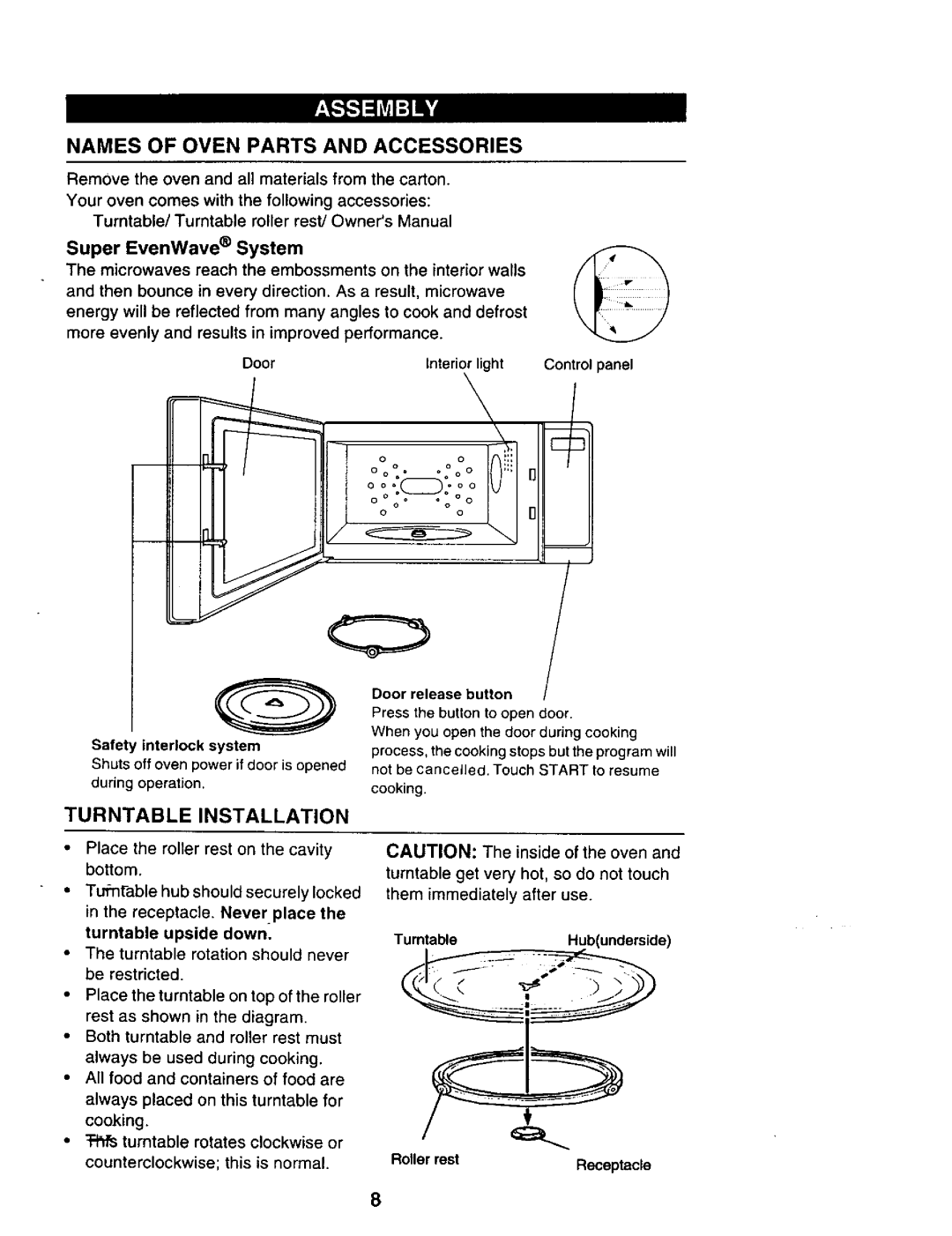 Sears 565.69301, 565.69401 Names of Oven Parts and Accessories, Turntable Installation, Super EvenWave System 