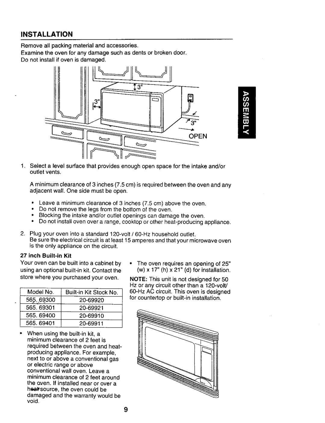 Sears 565.69301, 565.69401 owner manual Installation, Inch Built-in Kit 