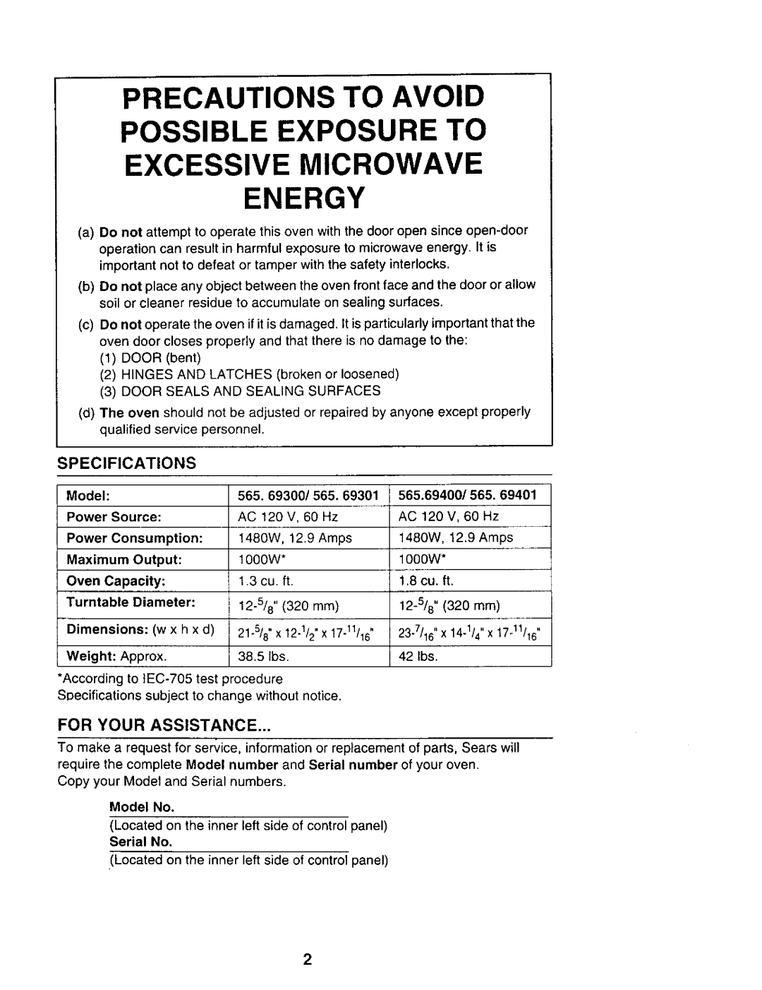 Sears 565.694 Precautions To Avoid Possible Exposure To, Excessive Microwave Energy, Specifications, For Your Assistance 