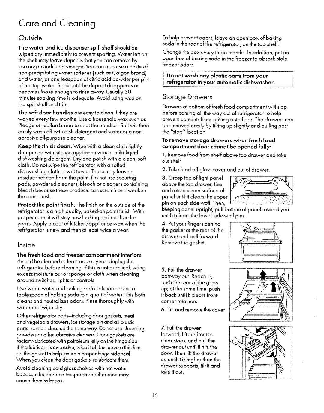 Sears 57478, 57472, 53472, 53478, 53475, 54438, 54431, 53471 manual Care and Cleaning, Inside, Storage Drawers, Outside 