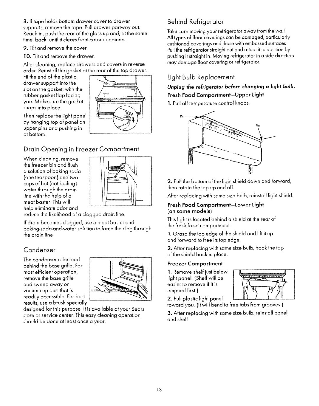 Sears 54438, 57472, 53472 manual Behind Refrigerator, Light Bulb Replacement, Drain Opening in Freezer Compartment, Condenser 