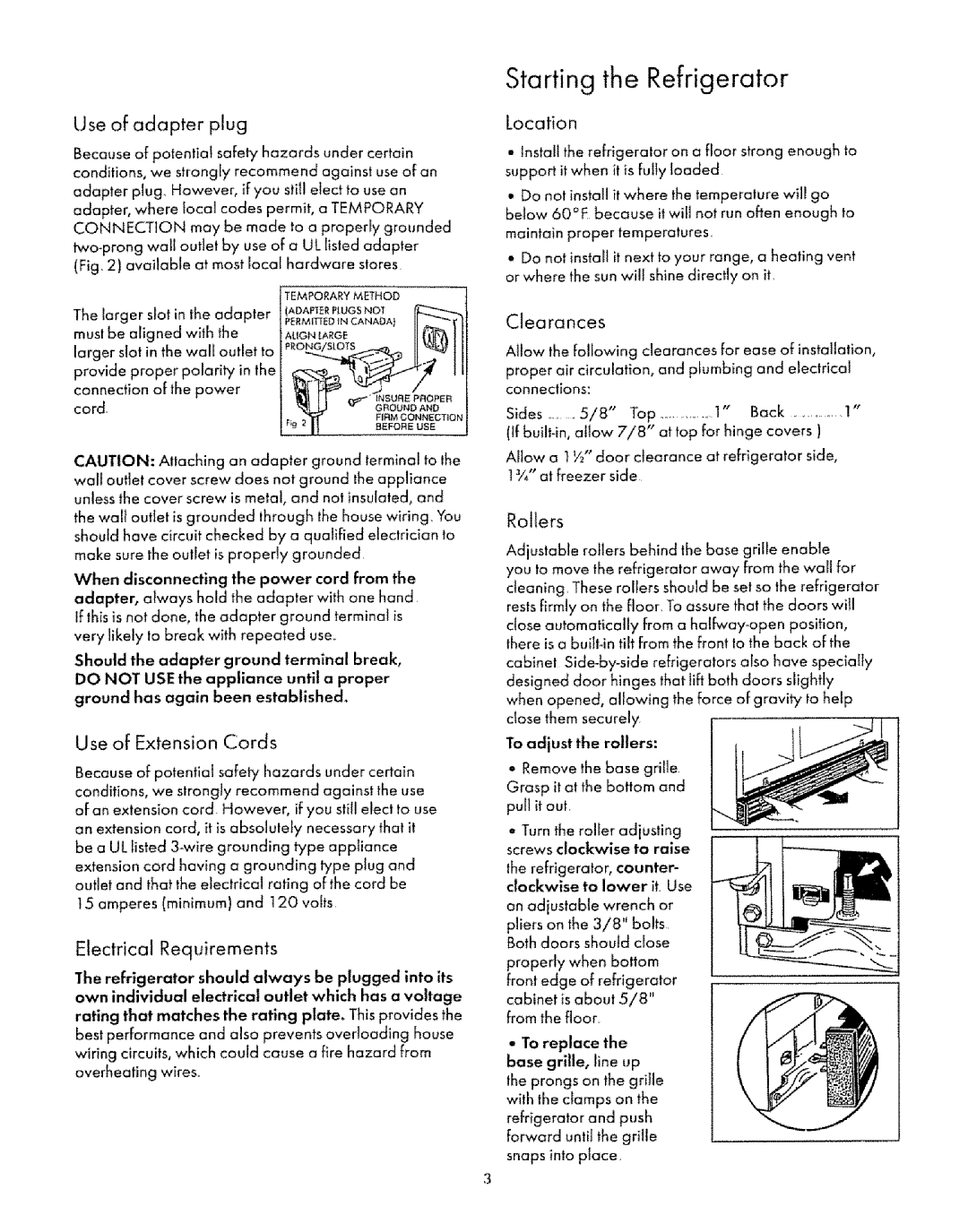 Sears 53475, 57472, 53472 Starting the Refrigerator, Use of adapter plug, Use of Extension Cords, Electrical Requirements 