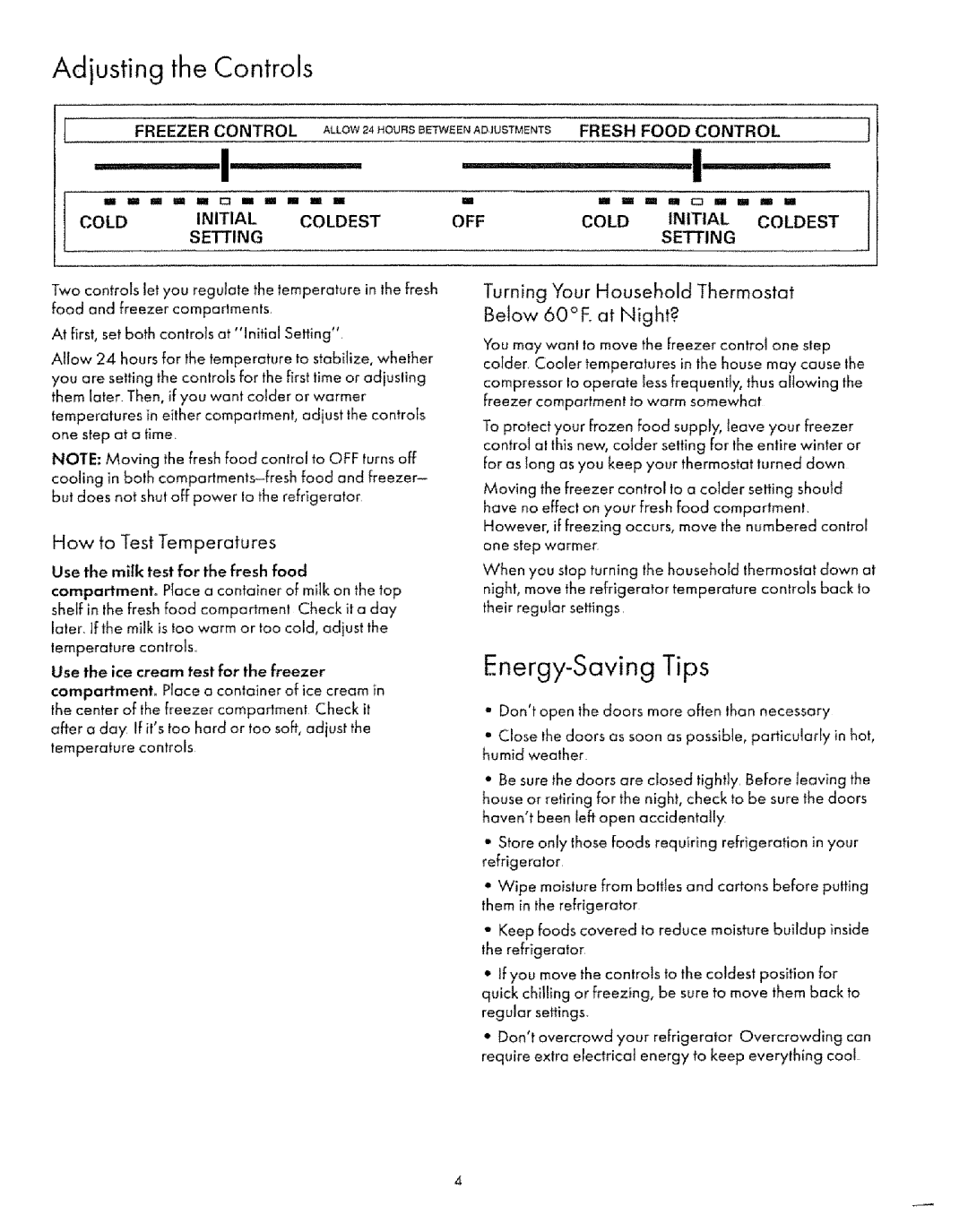 Sears 57478, 57472, 53472 Adjusting the Controls, Energy-Saving Tips, Turning Your Household Thermostat Below 60E at Night? 