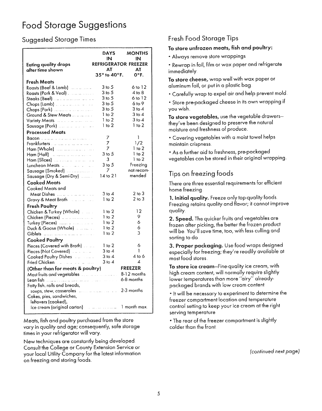 Sears 54438, 57472 manual Food Storage Suggestions, Suggested Storage Times, Fresh Food Storage Tips, Tips on freezing foods 