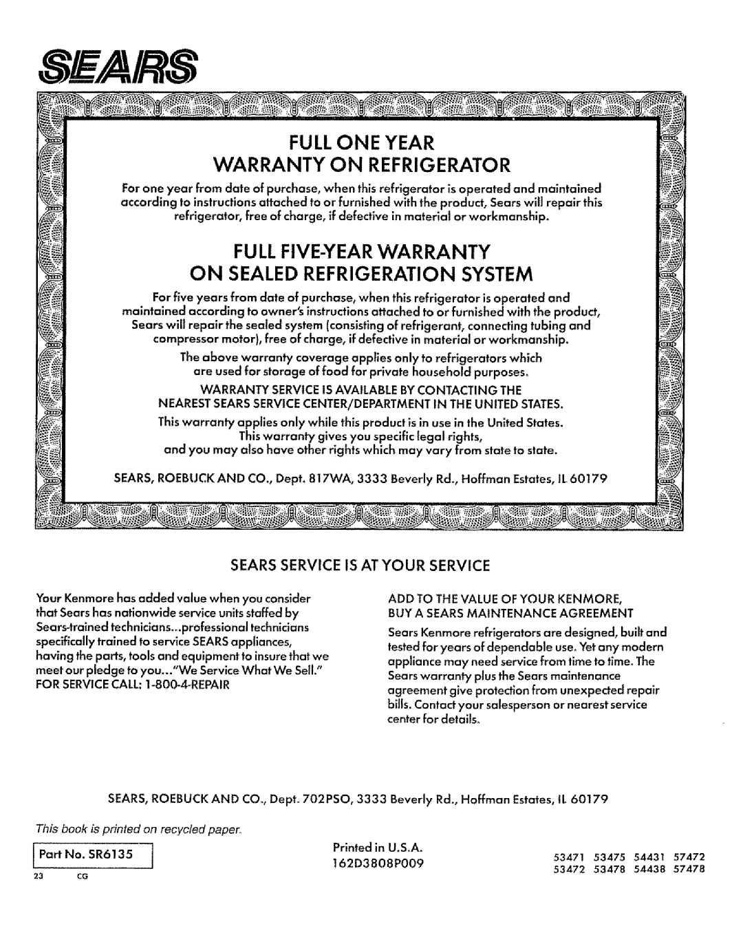 Sears 57472 Warranty On Refrigerator, On Sealed Refrigeration System, Sears Service Is At Your Service, PartNo. SR6135 